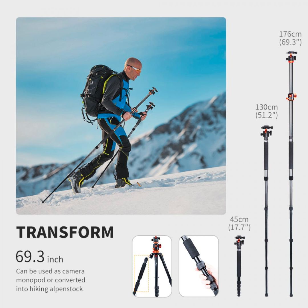 K&F Concept 1.7m 10kg Aluminijum Tripod Transverse Center Column KF09.085V7 - 5